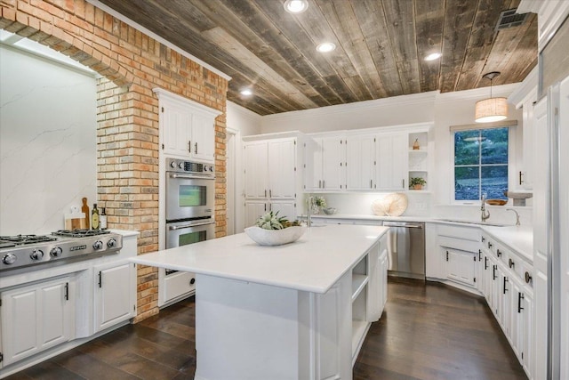 504 Konstanty Cir, Austin, TX 78746 - kitchen featuring open shelves, appliances with stainless steel finishes, white cabinetry, wood ceiling, and ornamental molding