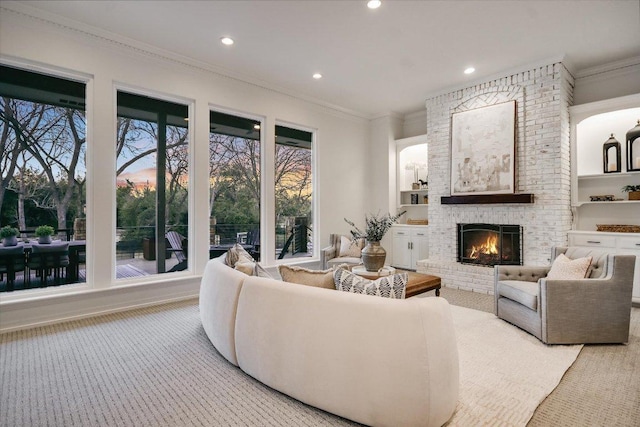 504 Konstanty Cir, Austin, TX 78746 - living area featuring a brick fireplace, carpet, crown molding, and recessed lighting