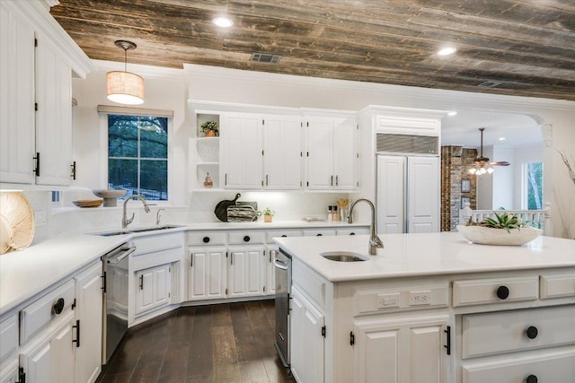 504 Konstanty Cir, Austin, TX 78746 - kitchen featuring a sink, wood ceiling, ceiling fan, white cabinets, and ornamental molding