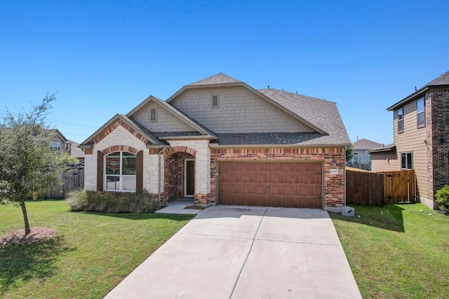 view of front of home with fence, driveway, roof with shingles, and a garage