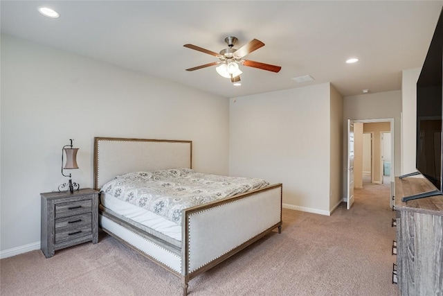 13800 Lyndhurst St Unit 325, Austin, TX 78717 - bedroom featuring light carpet, baseboards, recessed lighting, and a ceiling fan