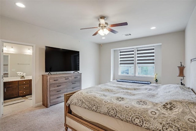 13800 Lyndhurst St Unit 325, Austin, TX 78717 - bedroom featuring light carpet, recessed lighting, connected bathroom, and a ceiling fan