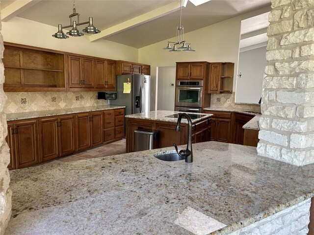 712 Rolling Green Dr, Lakeway, TX 78734 - kitchen featuring tasteful backsplash, open shelves, stainless steel appliances, a sink, and light stone counters