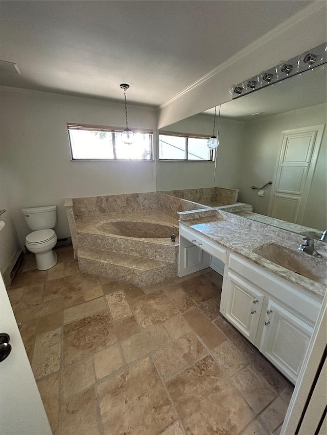 712 Rolling Green Dr, Lakeway, TX 78734 - bathroom featuring a bath, toilet, vanity, and stone tile floors