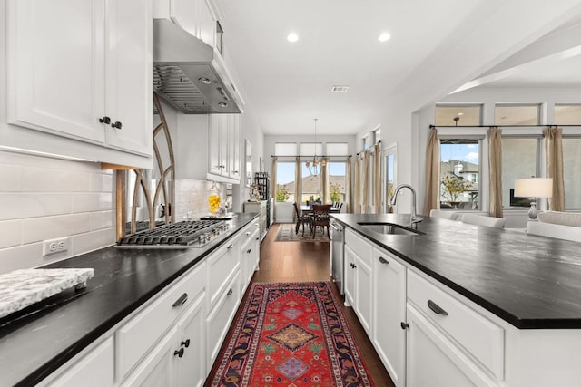 390 Double L Dr, Dripping Springs, TX 78620 - kitchen featuring a sink, under cabinet range hood, dark countertops, appliances with stainless steel finishes, and recessed lighting