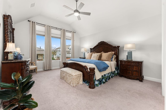 bedroom featuring lofted ceiling, carpet, visible vents, and baseboards