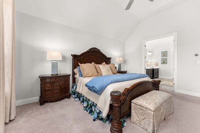 390 Double L Dr, Dripping Springs, TX 78620 - bedroom featuring carpet flooring, vaulted ceiling, baseboards, ensuite bathroom, and ceiling fan