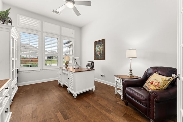 home office featuring visible vents, ceiling fan, dark wood-style flooring, and baseboards