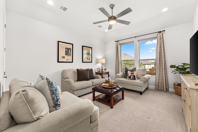 living room featuring visible vents, a ceiling fan, recessed lighting, and baseboards