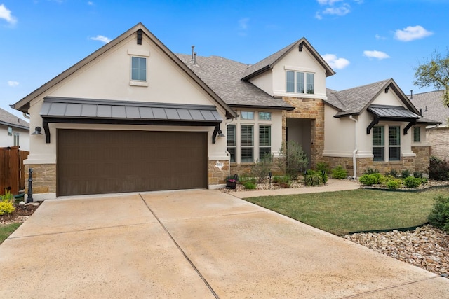 view of front of house featuring a standing seam roof and stone siding