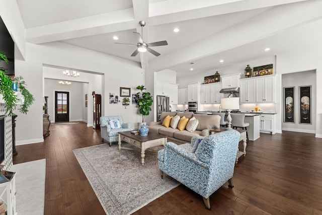 390 Double L Dr, Dripping Springs, TX 78620 - living area featuring recessed lighting, dark wood-style flooring, a chandelier, ceiling fan, and baseboards