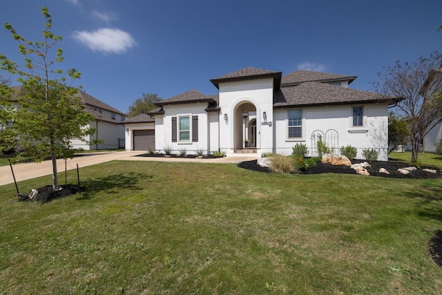 1924 Portobello Rd, Leander, TX 78641 - mediterranean / spanish-style house featuring stucco siding, a garage, concrete driveway, a shingled roof, and a front lawn