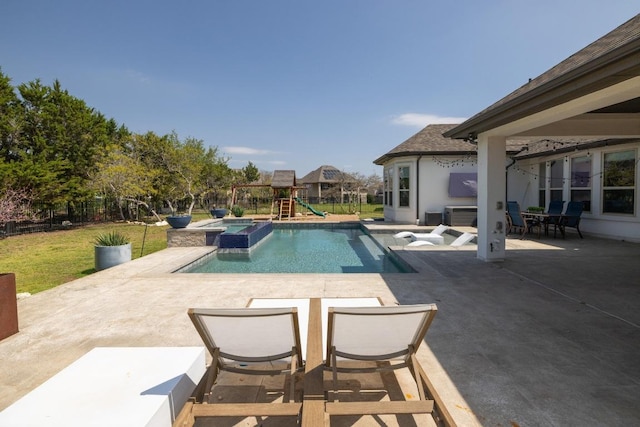 1924 Portobello Rd, Leander, TX 78641 - view of pool featuring a playground, a patio, a pool with connected hot tub, and a yard
