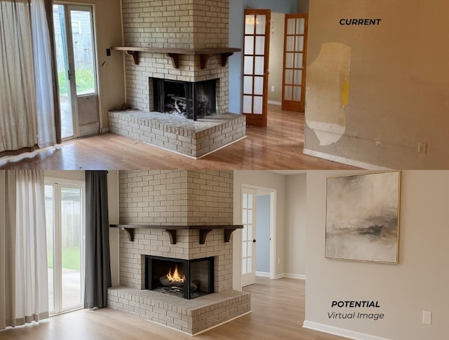 2100 Heights Blvd, Taylor, TX 76574 - unfurnished living room with a brick fireplace, wood finished floors, and healthy amount of natural light