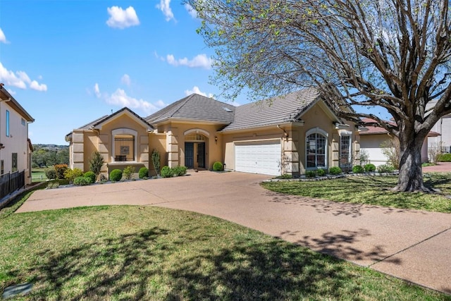 6 Radnor Dr, Austin, TX 78738 - view of front of house featuring stucco siding, an attached garage, concrete driveway, a front yard, and a tiled roof