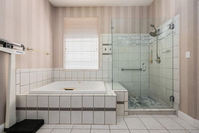 6 Radnor Dr, Austin, TX 78738 - bathroom with tile patterned floors, a bath, a shower stall, and wallpapered walls