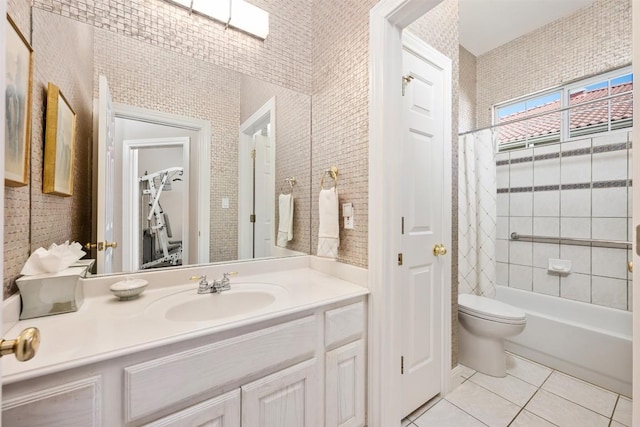 6 Radnor Dr, Austin, TX 78738 - bathroom featuring tile patterned flooring, toilet, vanity, and shower / bath combo with shower curtain