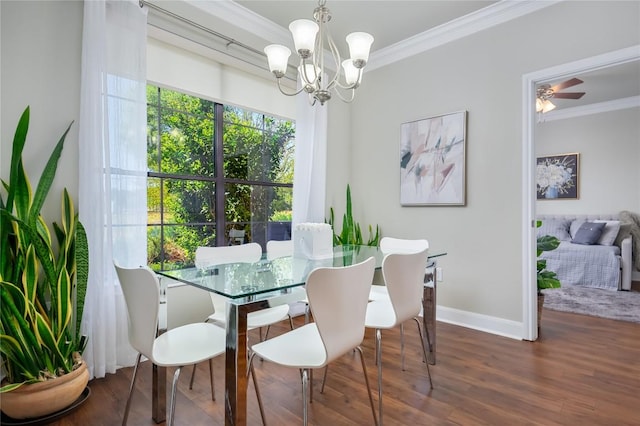 7701 Rialto Blvd Unit 617, Austin, TX 78735 - dining space featuring ornamental molding, a chandelier, wood finished floors, baseboards, and ceiling fan