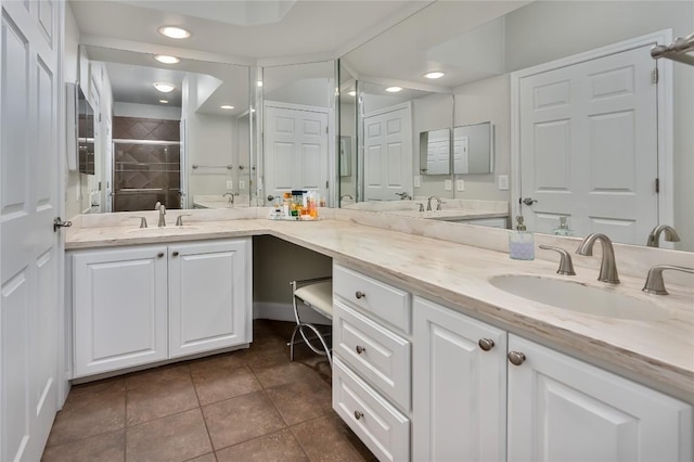 7701 Rialto Blvd Unit 617, Austin, TX 78735 - full bathroom featuring tile patterned floors, vanity, a shower stall, and recessed lighting