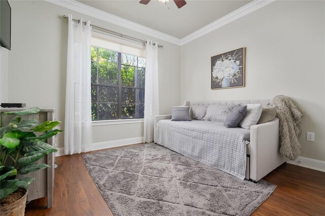 7701 Rialto Blvd Unit 617, Austin, TX 78735 - bedroom featuring crown molding, wood finished floors, baseboards, and ceiling fan