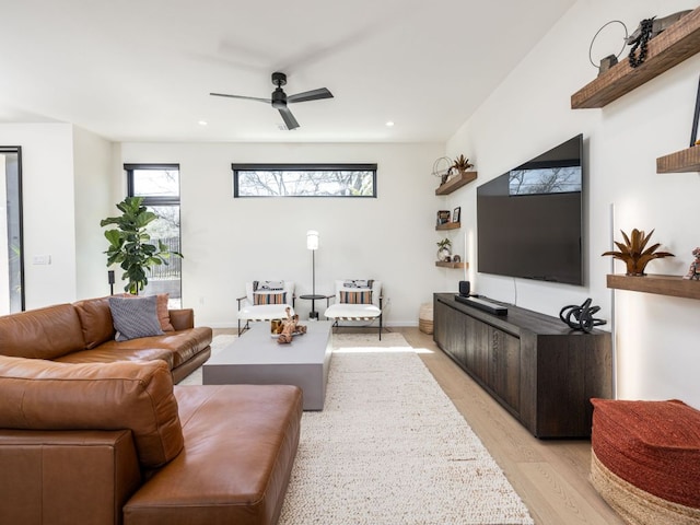 1510 Bellaire Dr, Austin, TX 78741 - living area with light wood-style flooring, a ceiling fan, and recessed lighting
