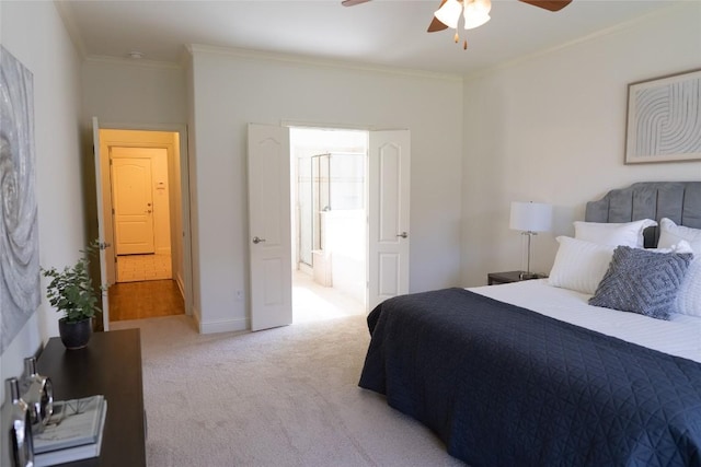 bedroom featuring baseboards, carpet flooring, ornamental molding, and a ceiling fan