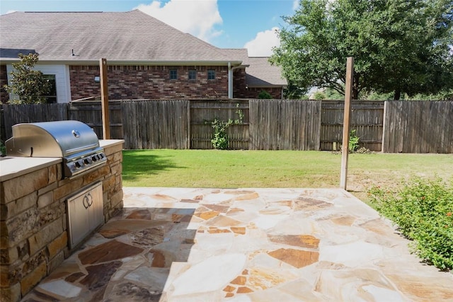 view of patio / terrace with a grill, a fenced backyard, and an outdoor kitchen