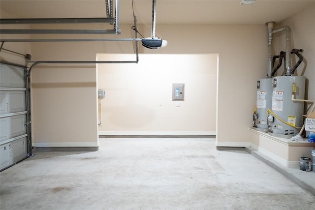 garage featuring gas water heater, electric panel, baseboards, and a garage door opener