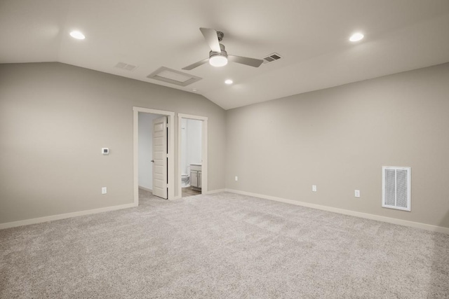7800 Linnie Ln, Austin, TX 78724 - unfurnished bedroom with lofted ceiling, recessed lighting, light carpet, ensuite bath, and ceiling fan