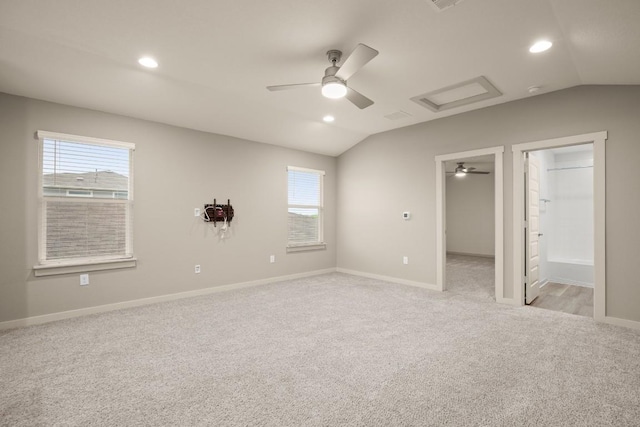 7800 Linnie Ln, Austin, TX 78724 - unfurnished bedroom with lofted ceiling, light colored carpet, attic access, recessed lighting, and a ceiling fan