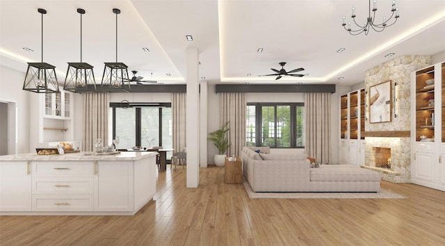 LOT47 E Flying Owl Dr, Johnson City, TX 78636 - living area with a raised ceiling, ceiling fan with notable chandelier, light wood-style floors, and built in shelves