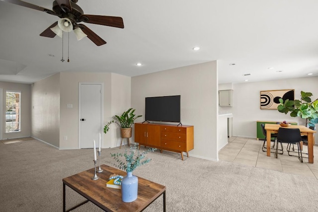 1302 Rambling Trl, Cedar Park, TX 78613 - living room featuring light carpet, baseboards, ceiling fan, recessed lighting, and light tile patterned floors
