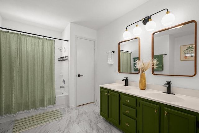 1302 Rambling Trl, Cedar Park, TX 78613 - bathroom with shower / tub combo, double vanity, and marble look tile flooring