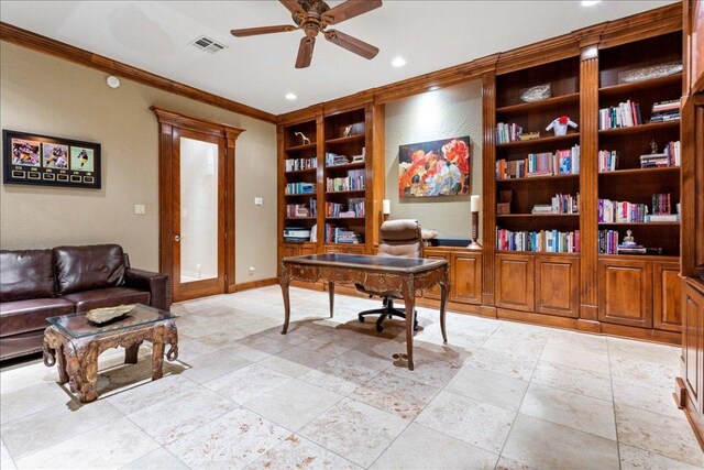 1317 Jack Nicklaus Cir, Salado, TX 76571 - office space featuring visible vents, baseboards, ornamental molding, a ceiling fan, and built in features