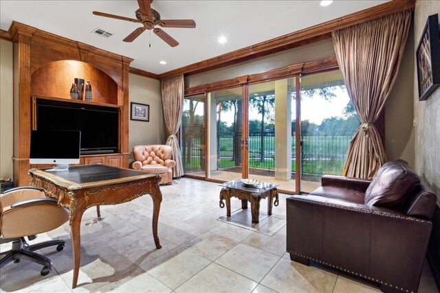 1317 Jack Nicklaus Cir, Salado, TX 76571 - office featuring visible vents, recessed lighting, ceiling fan, and ornamental molding