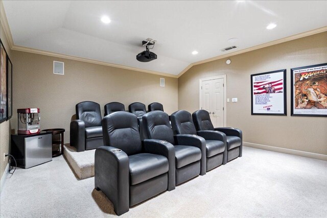 1317 Jack Nicklaus Cir, Salado, TX 76571 - carpeted cinema room with baseboards, visible vents, crown molding, and recessed lighting