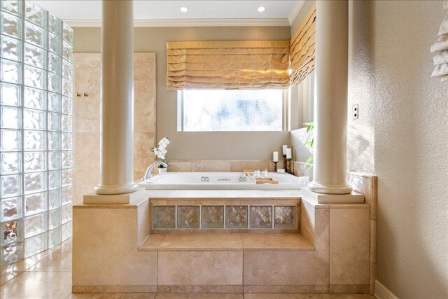 1317 Jack Nicklaus Cir, Salado, TX 76571 - full bath with a bath, ornamental molding, a textured wall, and decorative columns
