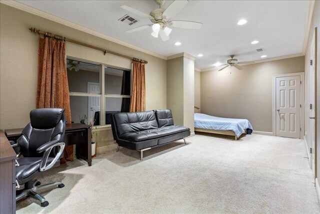 1317 Jack Nicklaus Cir, Salado, TX 76571 - bedroom featuring crown molding, recessed lighting, carpet, baseboards, and visible vents