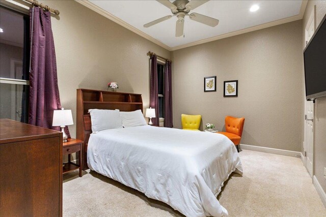 1317 Jack Nicklaus Cir, Salado, TX 76571 - bedroom with ornamental molding, baseboards, light colored carpet, and ceiling fan