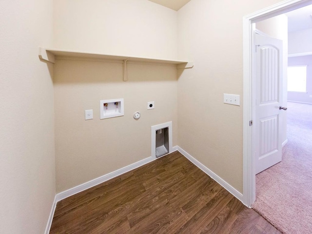 12110 Stoneridge Gap Ln, Manor, TX 78653 - washroom with hookup for an electric dryer, washer hookup, hookup for a gas dryer, baseboards, and dark wood-style floors