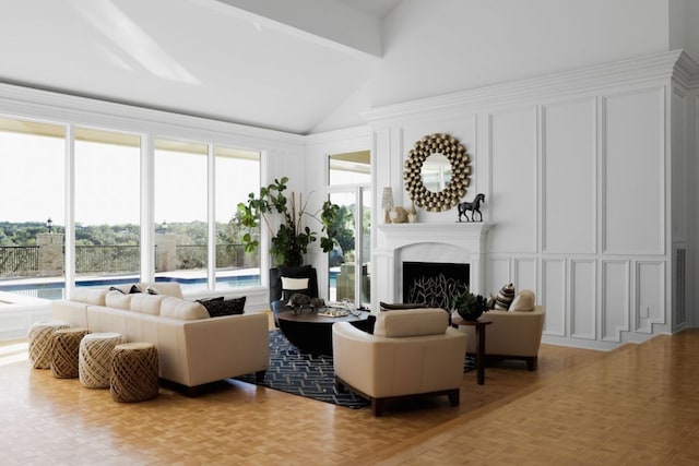 17 Cousteau Ln, Austin, TX 78746 - living area with a decorative wall, a fireplace, and high vaulted ceiling