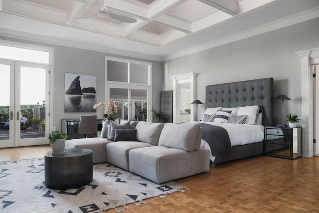 17 Cousteau Ln, Austin, TX 78746 - bedroom featuring access to exterior, coffered ceiling, ornamental molding, beamed ceiling, and a towering ceiling