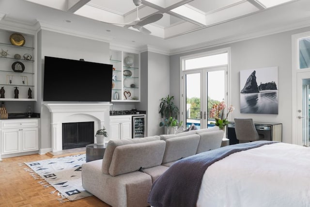 17 Cousteau Ln, Austin, TX 78746 - bedroom featuring access to exterior, coffered ceiling, crown molding, wine cooler, and bar area