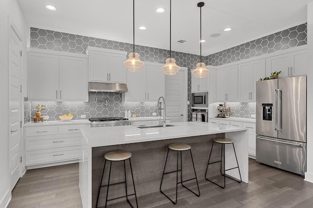 kitchen with appliances with stainless steel finishes, dark wood-style floors, under cabinet range hood, and a sink