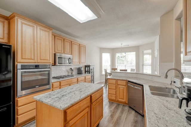 2209 Callaway Garden Ct, Pflugerville, TX 78660 - kitchen with appliances with stainless steel finishes, tasteful backsplash, light wood-type flooring, and light stone countertops
