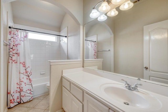 2209 Callaway Garden Ct, Pflugerville, TX 78660 - bathroom with vanity, shower / bathtub combination with curtain, tile patterned floors, and toilet