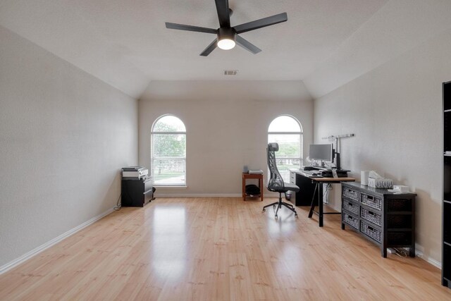 2209 Callaway Garden Ct, Pflugerville, TX 78660 - office space featuring plenty of natural light, wood finished floors, a ceiling fan, lofted ceiling, and baseboards