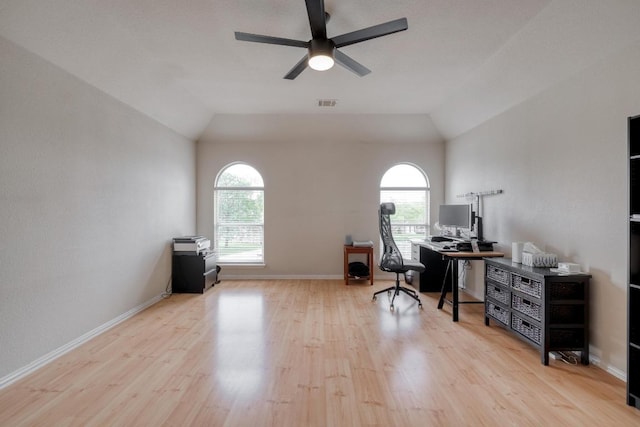 2209 Callaway Garden Ct, Pflugerville, TX 78660 - office area with healthy amount of natural light, wood finished floors, a ceiling fan, and lofted ceiling