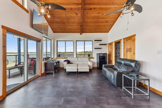 living area featuring plenty of natural light, baseboards, wooden ceiling, and ceiling fan