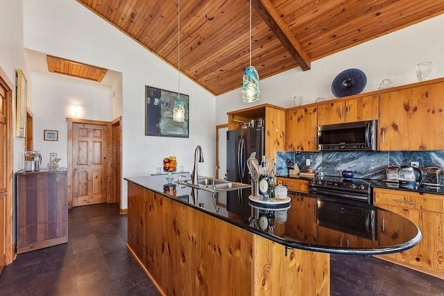 kitchen featuring wooden ceiling, dark countertops, a sink, and stainless steel appliances